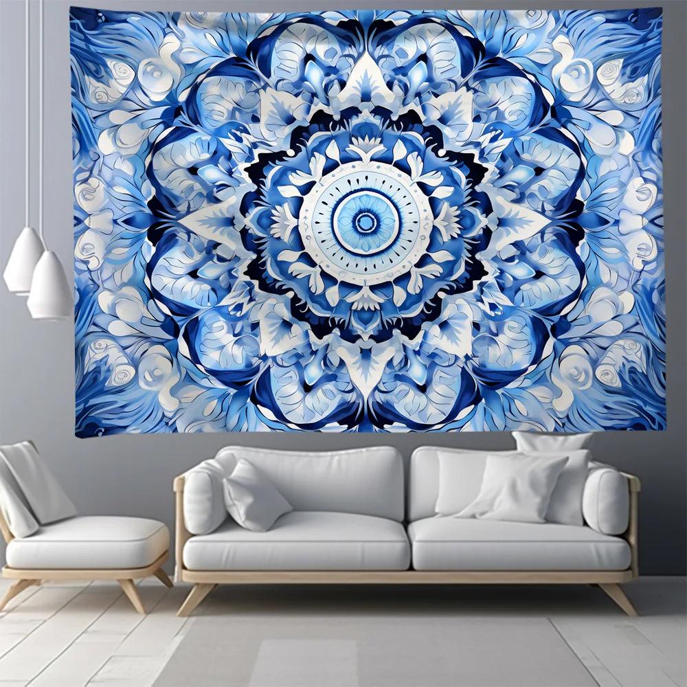 

Boho Floral Tapestry Mandala Wall Hanging Blue Bohemian Flower Tapestry Vintage Hippie Tapestries for Room Dorm Decor Poster 74x94cm(29x37in)