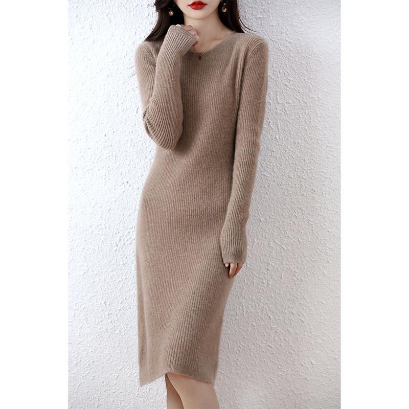 Women's Medium Slim Cashmere Wool Knee-Length Knit Dress - Round Neck, Autumn/Winter Base Layer