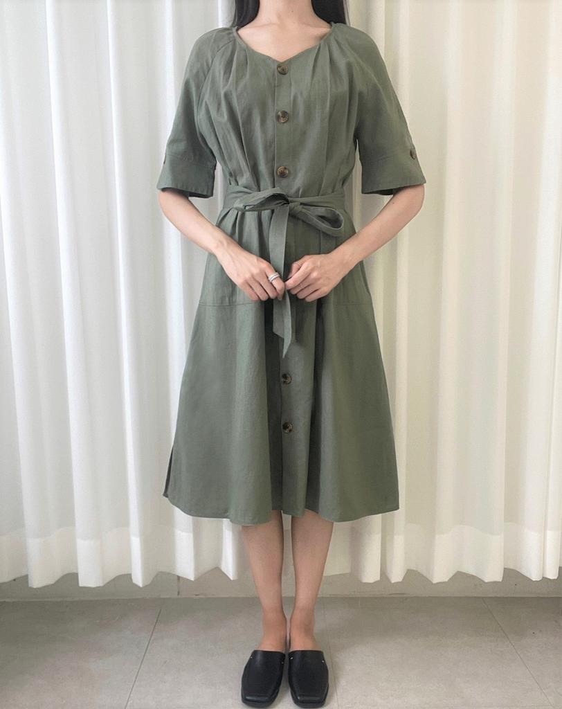 Olgangdijainseutyudio Open-Faced Linen Belted Dress