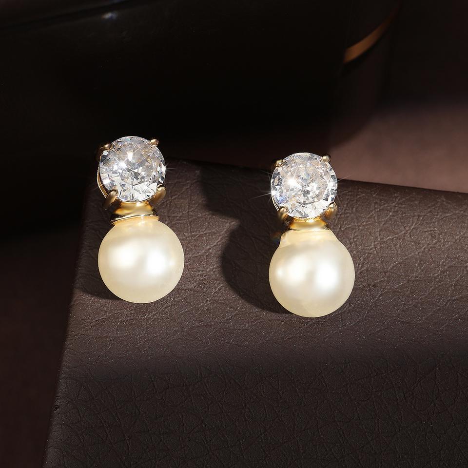 ZAKOL Elegant Round Cubic Zirconia Imitation Pearl Necklace Earrings For Women Bridal Wedding Party Jewelry Gift