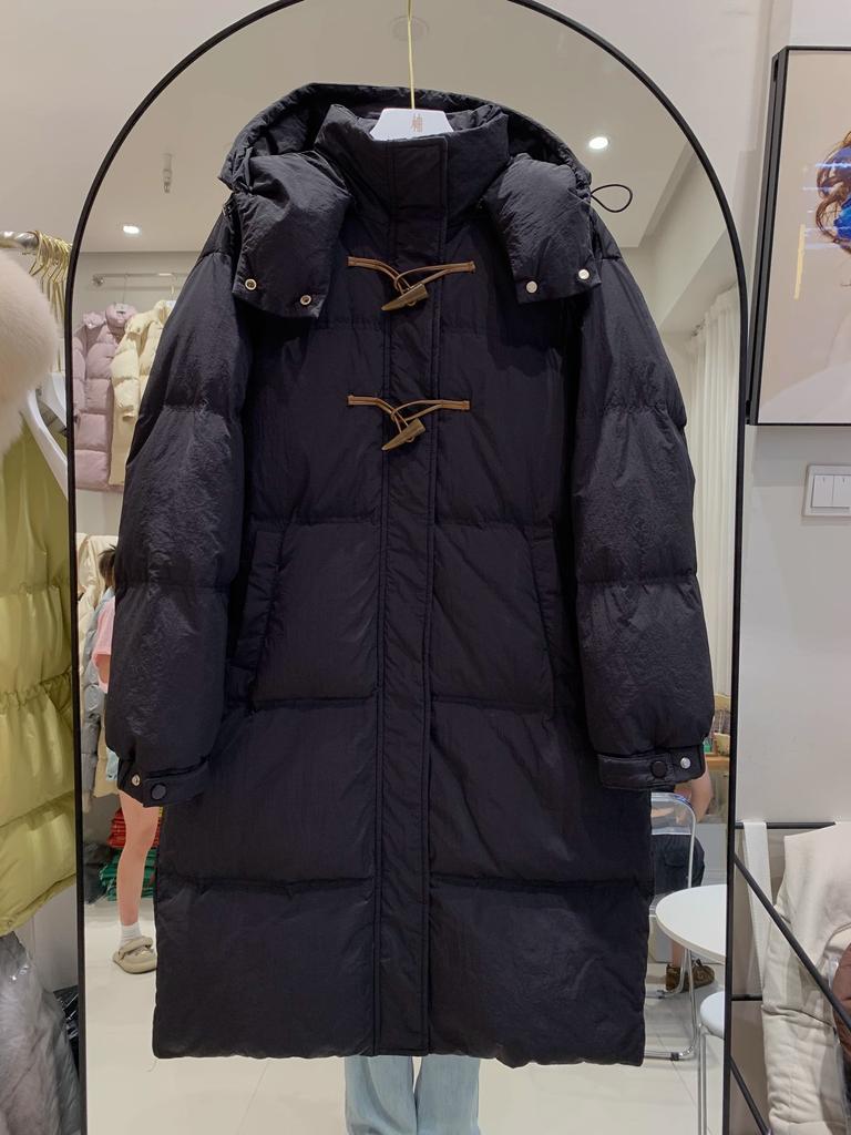 2024 Long Hooded Over Knee Down Jacket Women's Loose Skinny Sweet Fashion College Wind Corner Button Winter Jacket