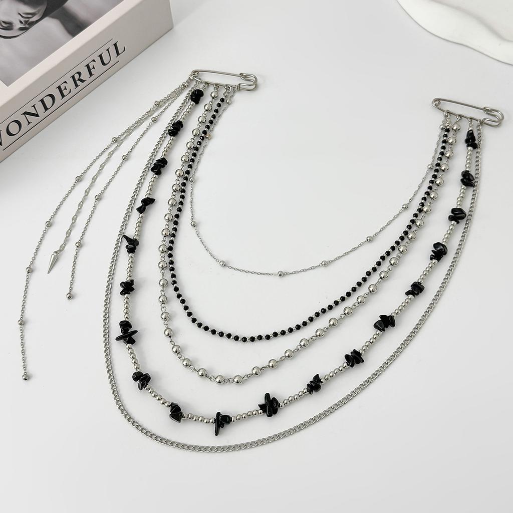 Long Tassel Chain Black Beaded Brooch Unique Trendy Design Drip Shaped Heart Multi-Chain Pin Suit Clothing Accessories Gifts