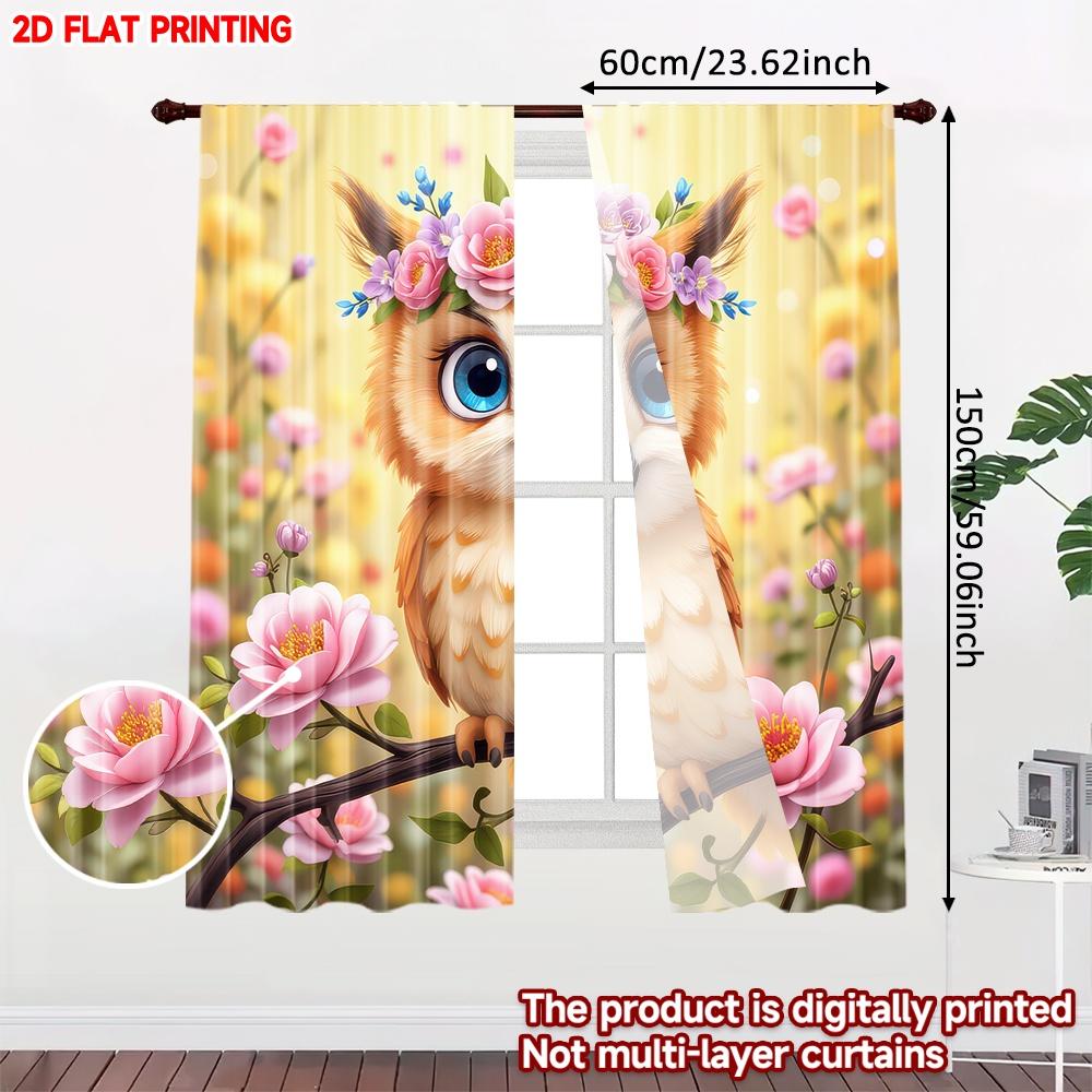 2D flat printing 2pcs Classic Christmas Curtains Spring Owl with Flowers Digital Printed Polyester Drapes Family Party for