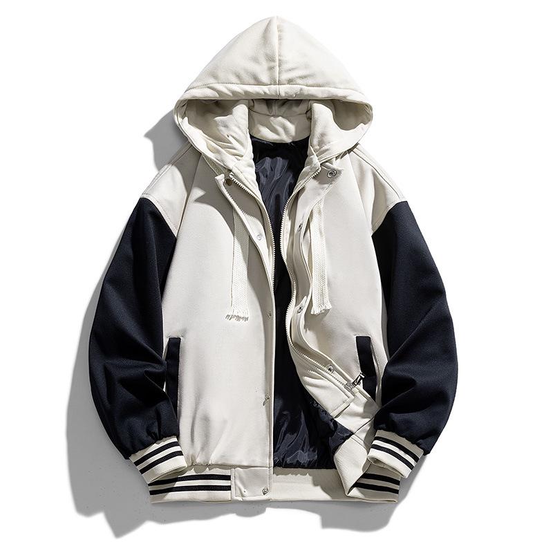 Men's Hong Kong Style Color Block Hooded Baseball Jacket - Trendy Brand, Faux Two-Piece, Plus Velvet Warmth, 2023 Edition