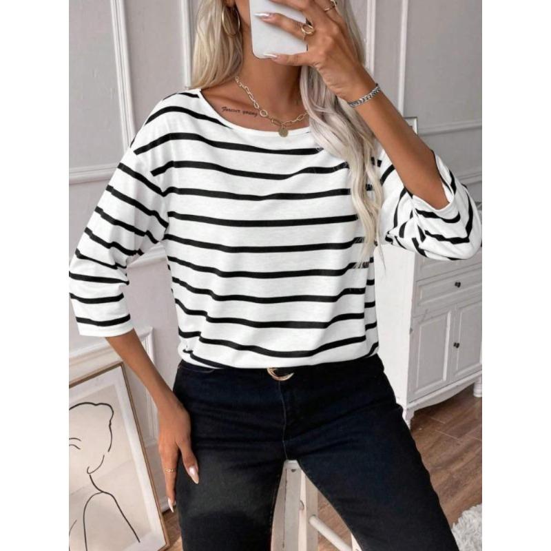 Plus Size 1XL-5XL New Woman's Tshirts Casual Long Sleeve Striped O Neck Loose Fashion Ladies Tops