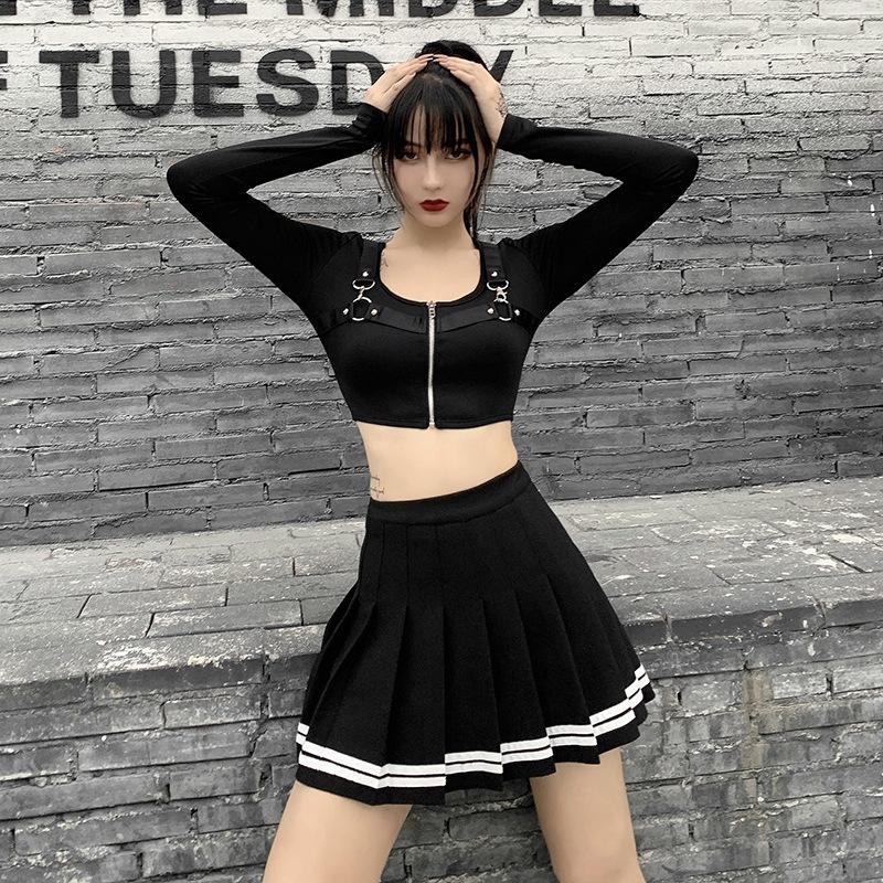 Vintage Kore Tarzı Patchwork Etek Harajuku JK Siyah Pileli Etekler Gotik Streetweet Yüksek Bel Mini Etek Kadın Punk Etek
