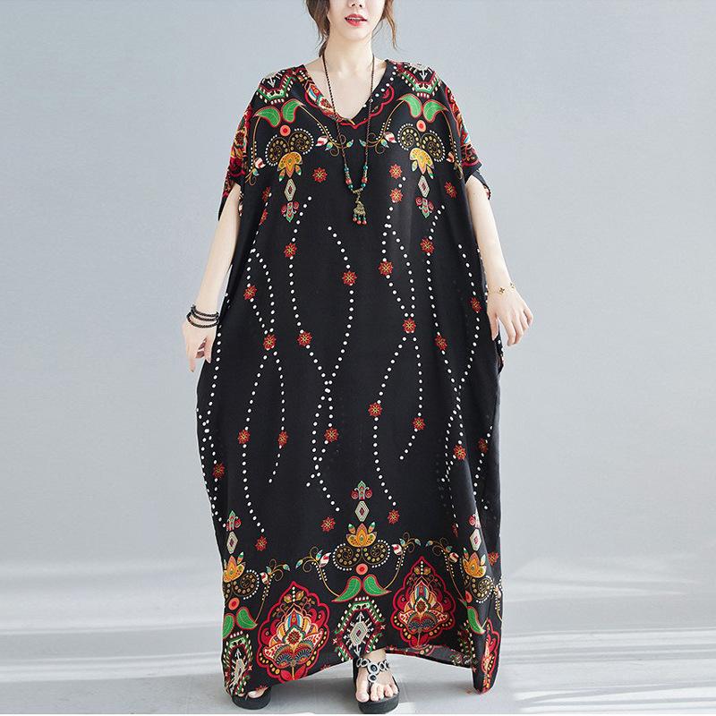 Summer Literature Plus Loose Cotton Silk Printed V-neck Short Sleeved Dress Women's Long Casual Dresses