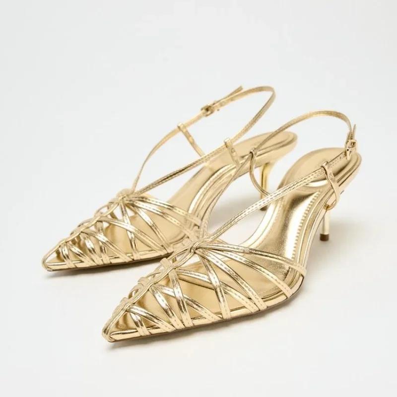 

Fashion Luxury Gold Narrow Strap Heeled Sandals Women Sexy Pointed Toe Back Strap Roman Style Pumps Elegant Fashion Banquet Wedding Shoe 42 золотой