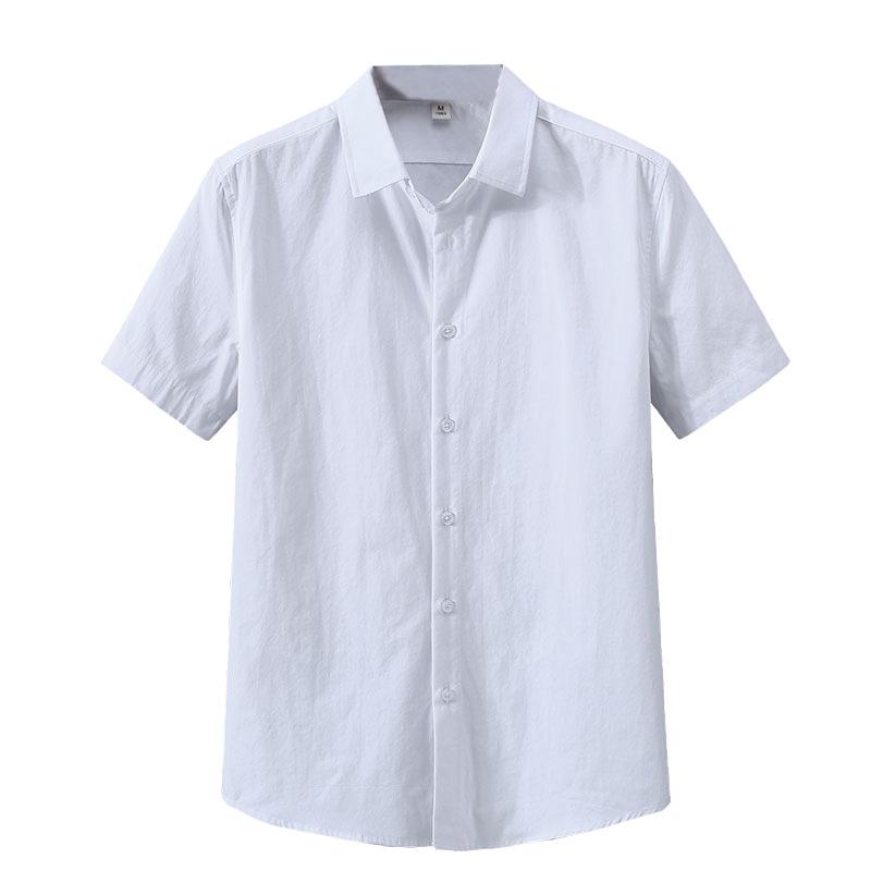 Men's Summer Heavyweight White Short-Sleeve Cotton Shirt - Solid Color Casual Lapel Design