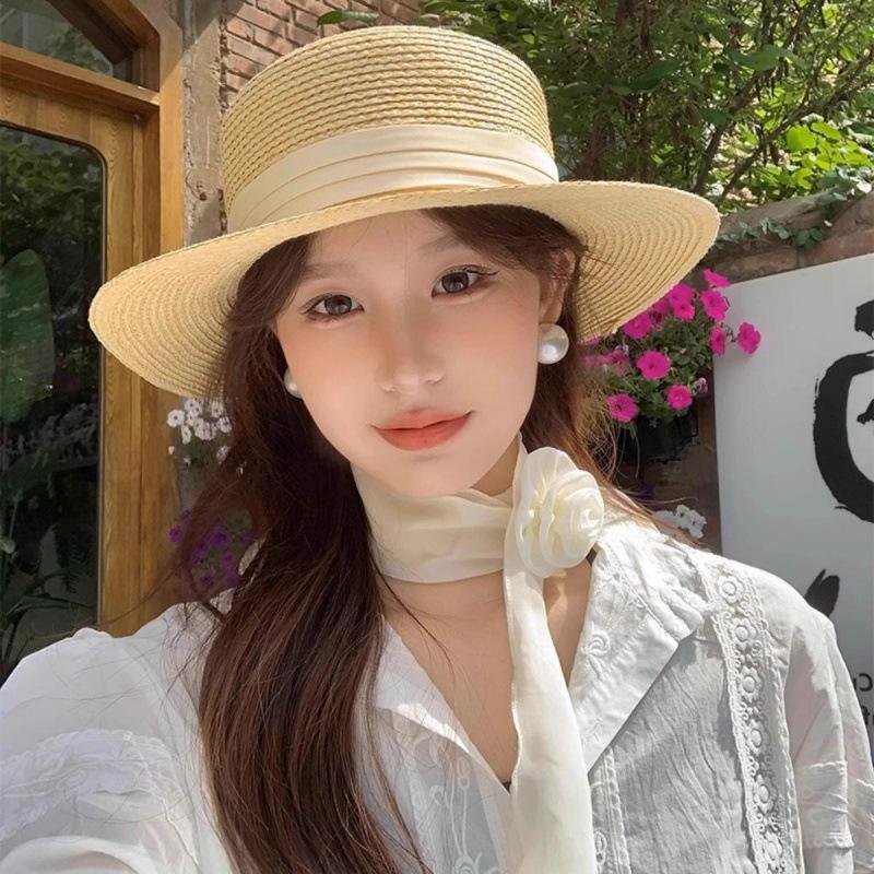 French big head circumference woven big eaves flat top top hat women's summer new seaside travel sunshade sunscreen hat
