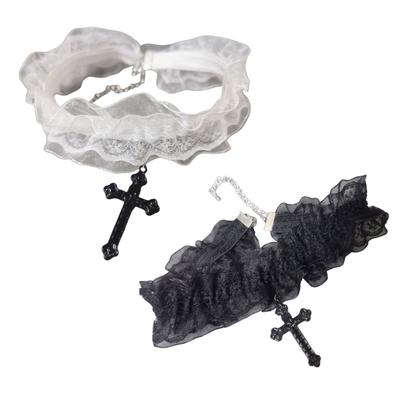 Adjustable Collarbone Chain Stylish Black and White Lace Choker Crucifix Pendant Necklaces for Fashion Enthusiasts