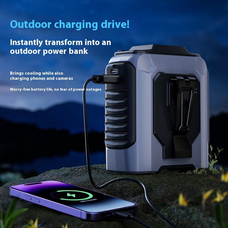 Waist Hanging Portable Fan USB Rechargeable, 3 Speed Adjustable Strong Wind, Emergency Light & Long Battery Life Outdoor Fan
