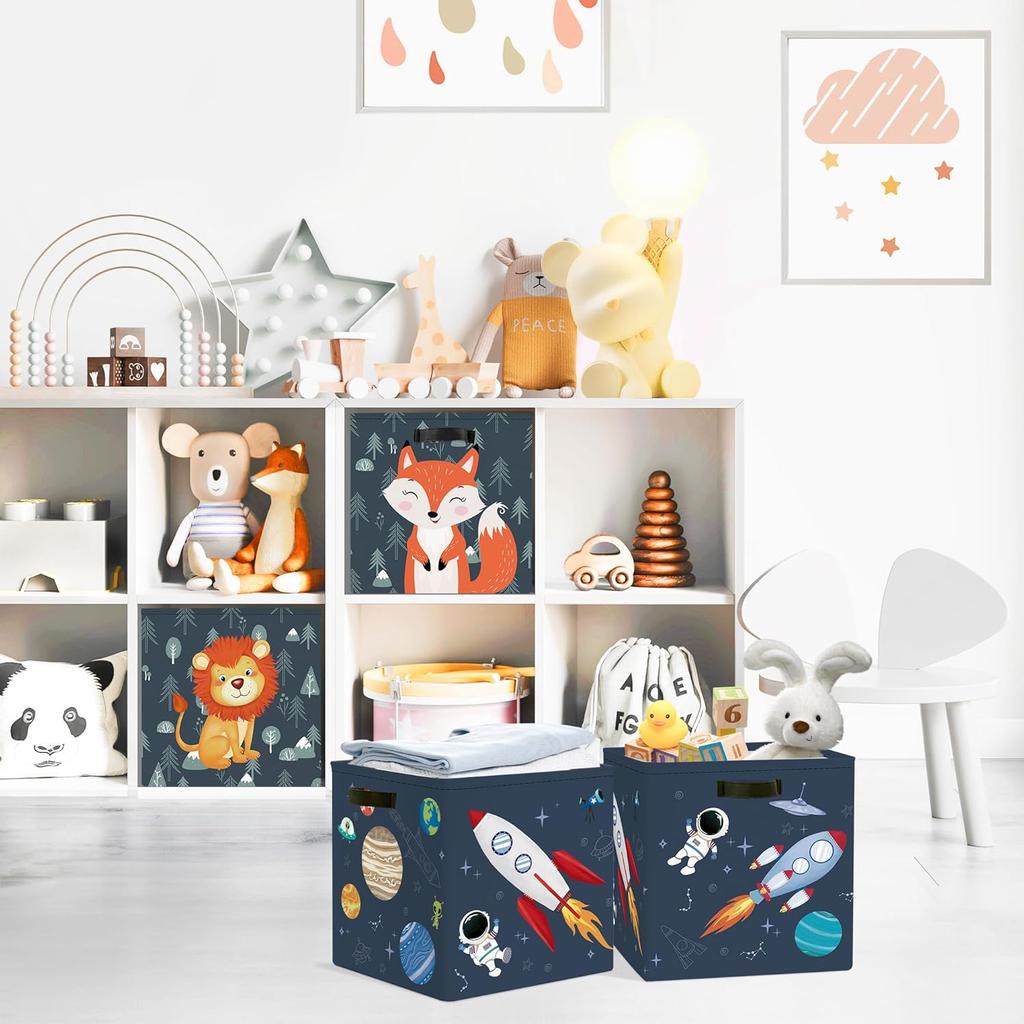 Clastyle 3 Pcs Space Kid Storage Cube Organizer Set Rocket Closet Clothes Cube Storage Bin Blue Nursery Toddler Toy Box Chest Astronaut Book Shelf