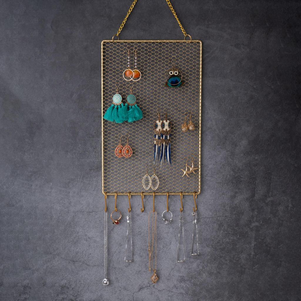 Jewelry Organizer Metal W/ Hooks Storage Rectangle Necklace Earring Diamond Display Rack Wall Mounted Holder for Women