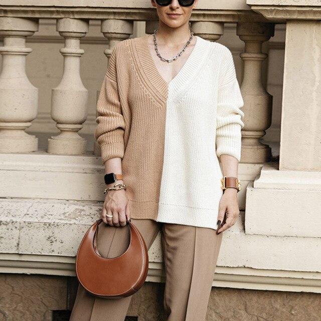 Женский свитер оверсайз с v-образным вырезом и длинными рукавами, модный вязаный свитер с цветными блоками, осень-зима 2023, джемпер, трикотаж, пуловер M хаки