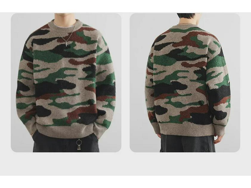 Herren Amerikanischer Retro Camouflage Locker Lässiger Rundhals-Pullover