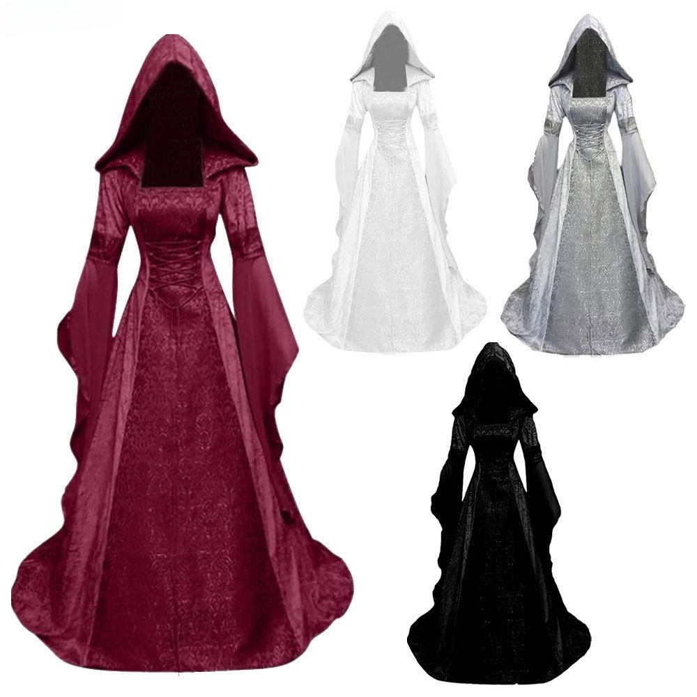 Damen Deluxe Hexenkleid Mittelalter Renaissance Maxi Schleppenkleid Halloween Teufel Heidnische Hexe Hochzeit Cos Kostüm Kapuzengewand Robe