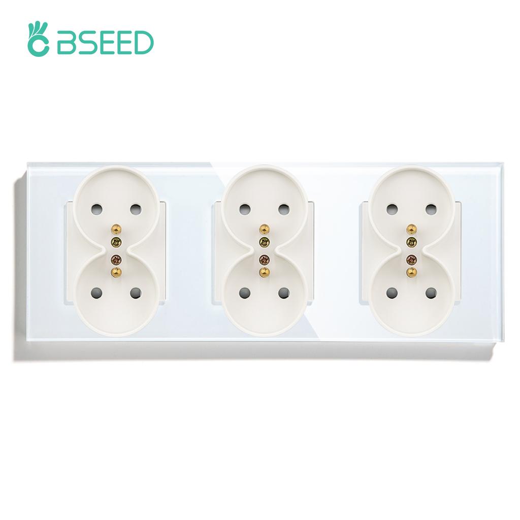 BSEED French Standard Single Wall Power Sockets Double Sockets Dual Electrical Outlets Glass Panel Children Protection 16A