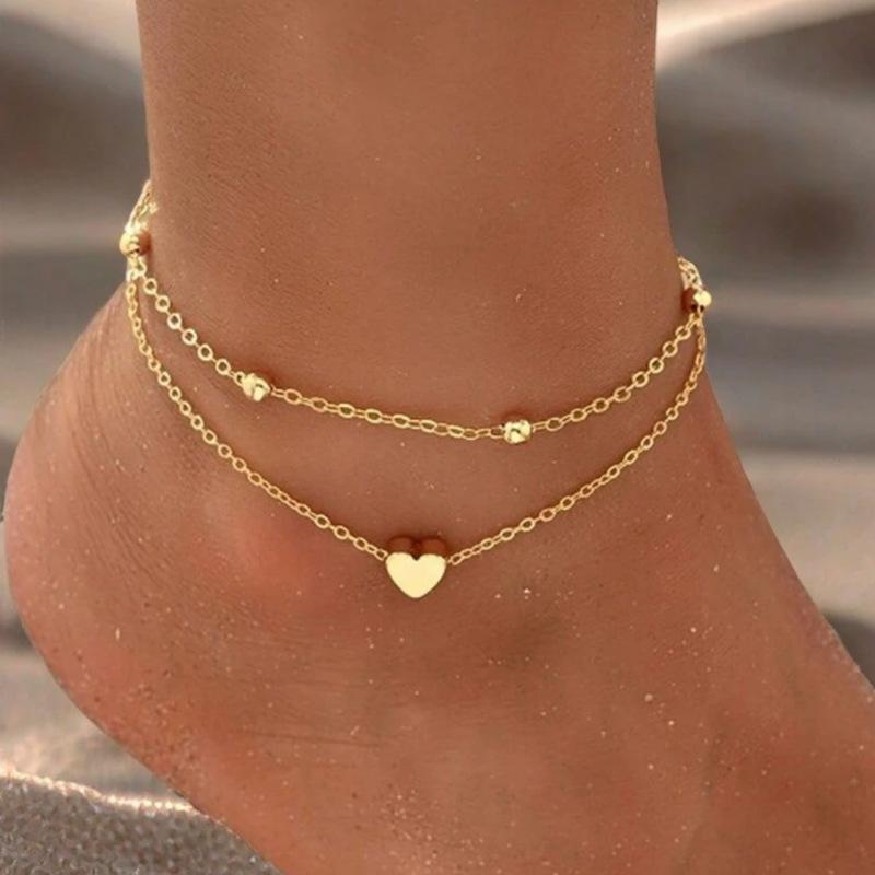 Single-piece Women's Gold Double-layered Heart Anklet, Simple Beach Foot Jewelry, Suitable for Beach Vacations and Leisure Activ