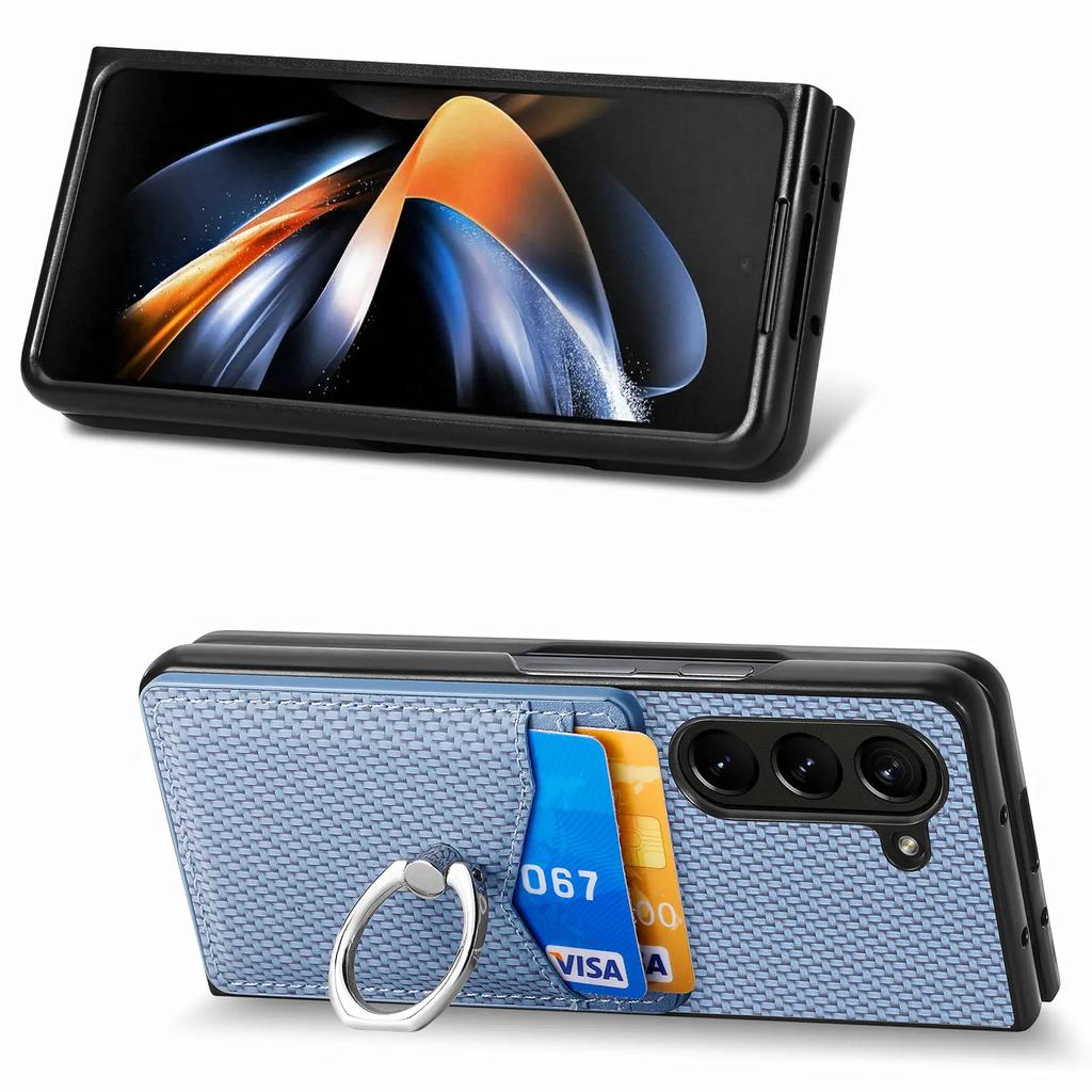 Ring Holder Cards Solt Wallet Case for Samsung Galaxy Z Fold 5 4 3 5G Fold4 Fold5 Kickstand Carbon Fibre Magnetic Bag Slim Cover