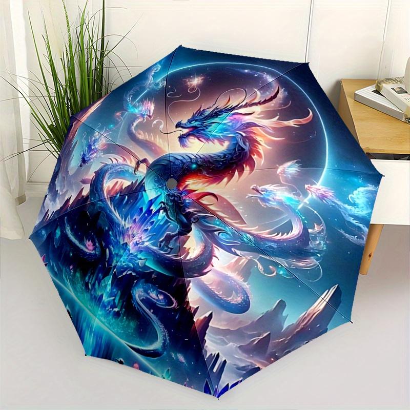 1pc Enchanted Dragon Realm Fully Automatic Folding Portable Umbrella, 8 Iron Frames, Three-Fold Design, Suitable for All Seasons, Suitable for Ou