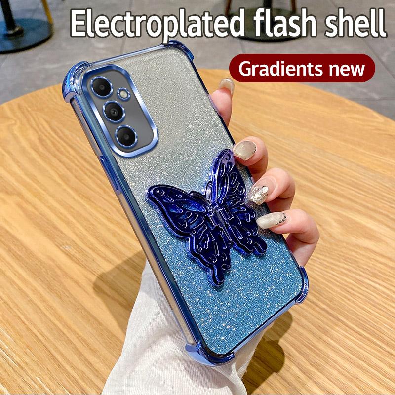 Plating Shockproof Butterfly Holder Phone Case For Samsung Galaxy A04E A04 A14 A24 A34 A54 A73 A53 A33 A23 A13 4G Glitter Cover