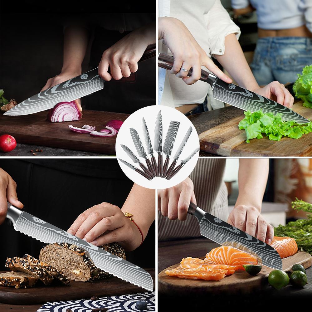 7CR17 8PCS Kitchen Knives Set Stainless Steel Sharp Chef Slicing Meat Cleaver Laser Damascus Pattern Chef Knife Sharp Knives Too