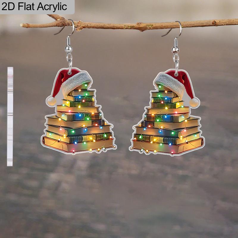 2D Flat 2pairs Y2K Christmas Hat Dog Paw Acrylic Dangle Earrings, Perfect Gift for Women, Christmas Party Jewelry