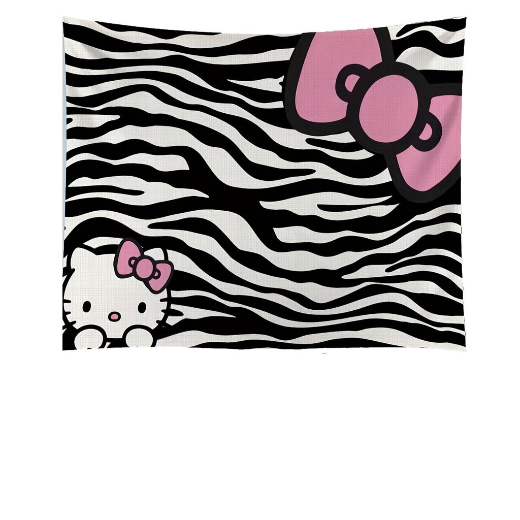 Sanrio Hello Kitty Anime Tapestry Black White Zebra Print with Pink Bow for Bedroom Decor Party Birthday Gift Flat Print