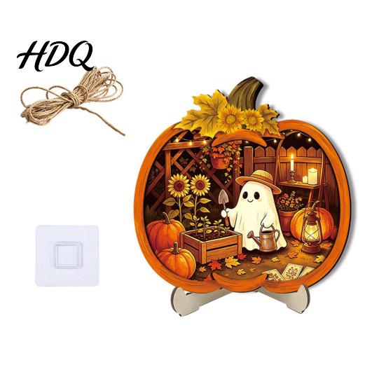 Durable Halloween Decorations Door Sign Glowing Ghost Hanging Decor Wooden LED Window Cool Patterned Ornaments Ornament for Party Spooky