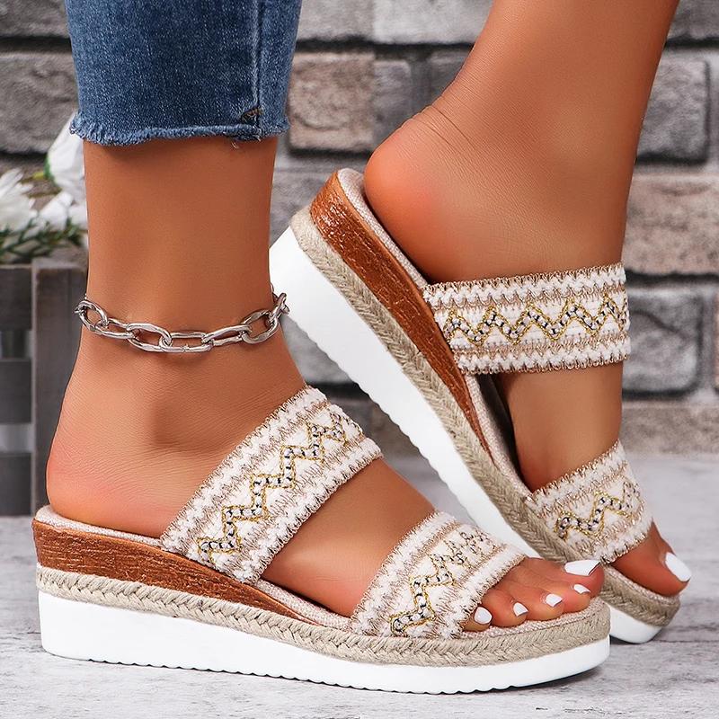 Fashion Colorful Striped Wedge Sandals Women Summer Lightweight Non Slip Beach Slippers Woman Plus Size Fashion Slip On Platform Sandals