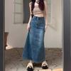 Retro American Style High Waist Slim A-Line Denim Skirt for Women - Petite Autumn Design with Back Slit