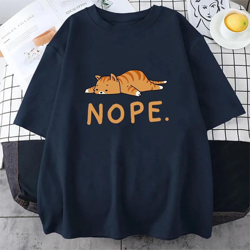 Sleeping Cat Nope Cartoons Print Male Short Sleeve Harajuku Street T-Shirts Summer Loose T Shirts Harajuku Cotton T Shirt Men