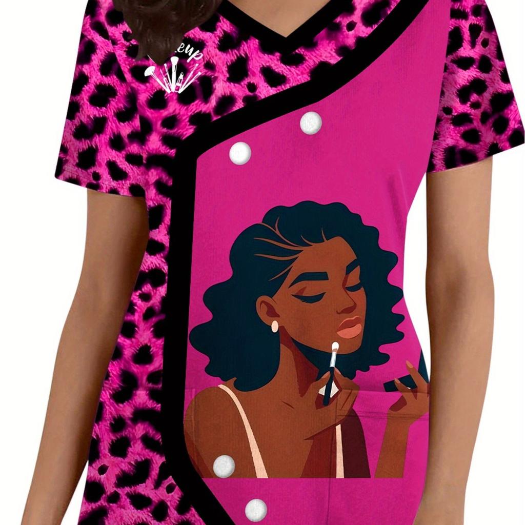 2025 Women's Summer Clothes Stylish Barber Uniform - Black V-Neck T-Shirt with Scissors Comb Print Perfect for Hairdressers