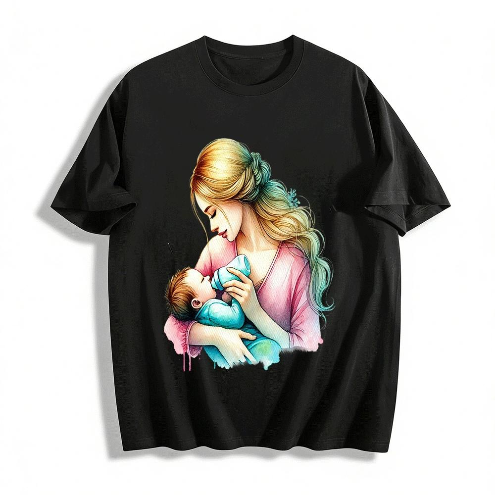 Mother And Baby Loving Print Casual Adult Top Pure cotton T-shirt XXS