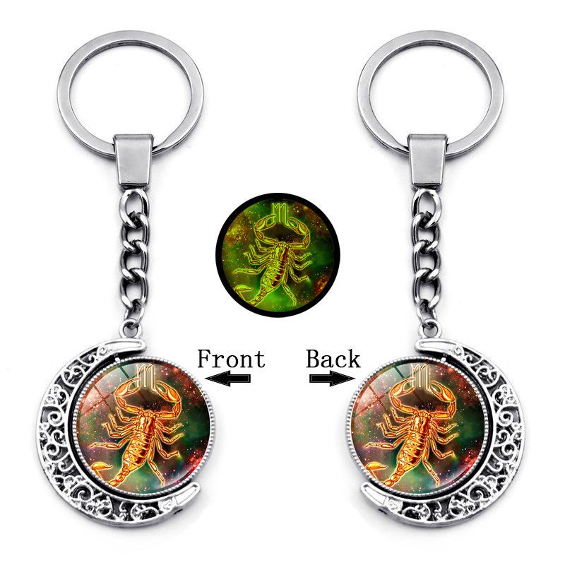 Luminous Twelve Constellations Time Gemstone Keychain Pendant Rotating Moon Pendant Metal Keychain Hanging Gift
