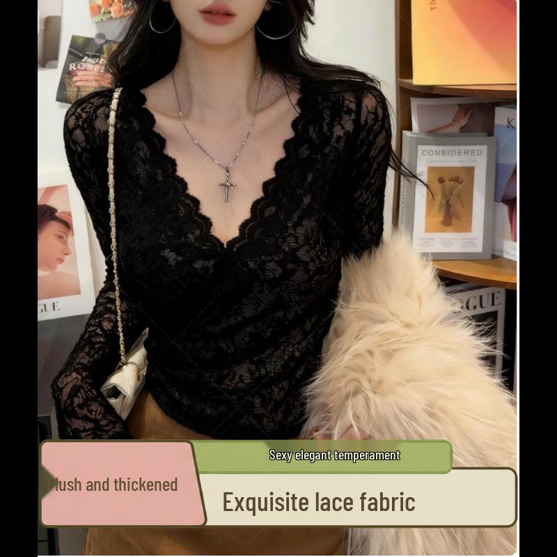 Elegantes schwarzes Spitzen-V-Ausschnitt-Oberteil für Damen - Schlankmachend Herbst/Winter Langarm