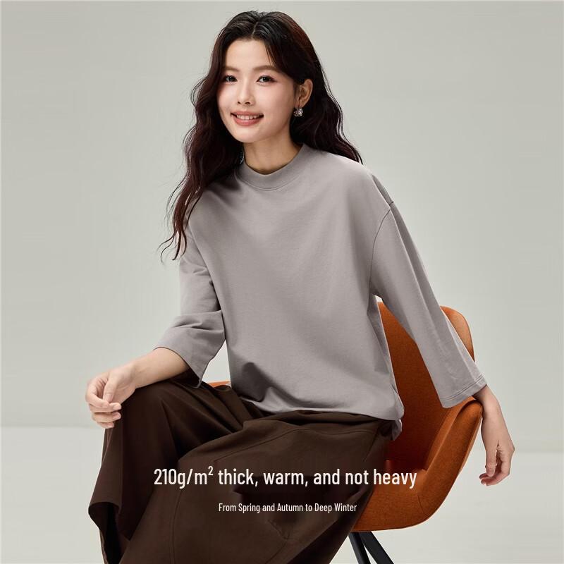 Giordano Women's 100% Cotton Mock Neck Three-Quarter Sleeve Pullover Sweatshirt
