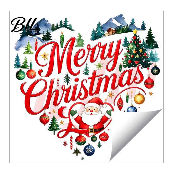 Holiday Glass Clings Merry Christmas Window Cling, Heart Shaped Sticker with Santa Claus Xmas Creative Home Accents Tree Balls, Winter Static