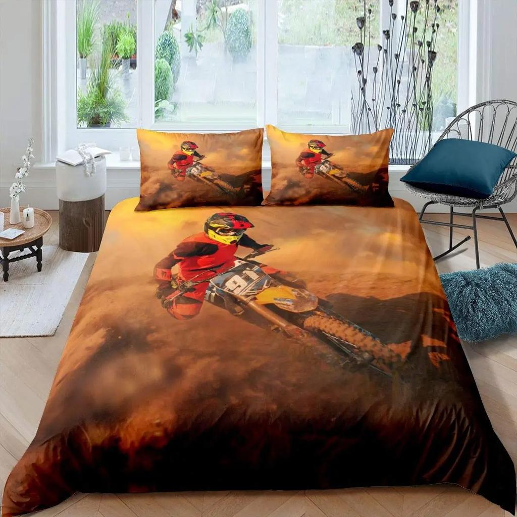 3D Motocross Duvet Cover King Size Microfiber Red Black Dirt Bike Extreme Sports Motorcycle Bedding Set