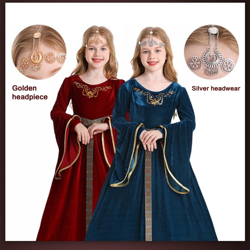 Robe médiévale pour enfant avec coiffe, Vêtements médiévaux pour enfants à manches trompette, Costume Cosplay Halloween pour Fille