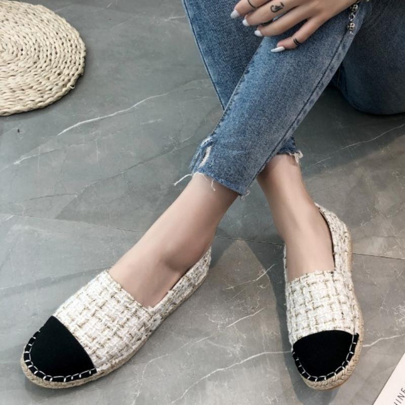 Women's Cloth Shoes Fashion Strip Plaid Tweed Straw Shoes Retro Flax Espadrilles Female Flats Slip-on Loafers Beach Casual Shoes