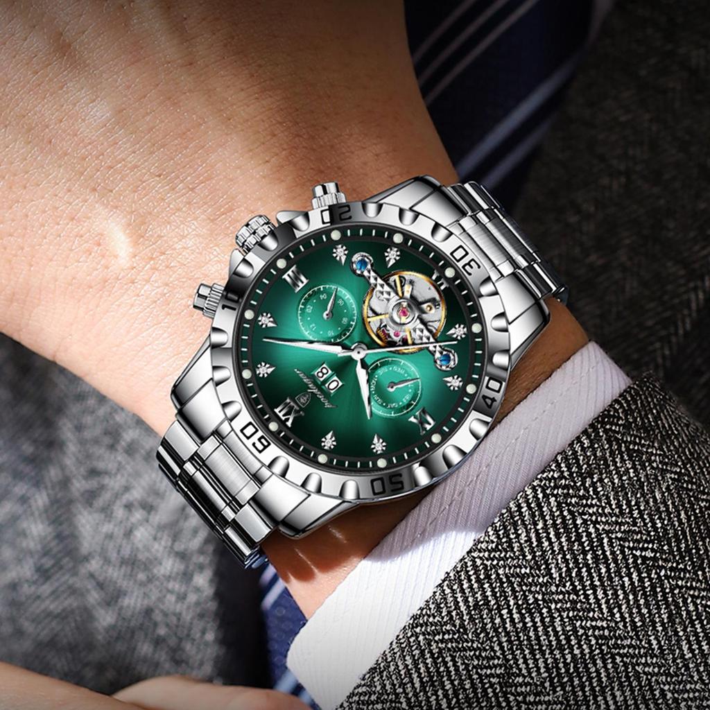 POEDAGAR Top Luxus Herrenuhr Automatisch Datum Woche Herren Armbanduhr Hohl Tourbillon Mechanisch Edelstahl Herrenuhr
