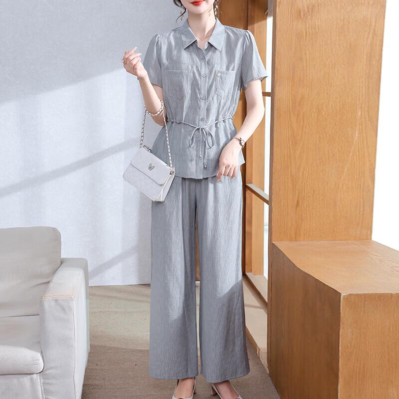 XUEXI Mom s Summer Lapel Shirt & Wide-Leg Pants Set 2XL