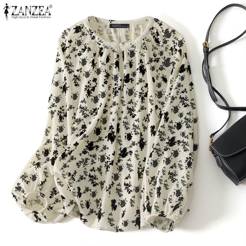 

ZANZEA Женская летняя повседневная блузка с круглым вырезом и длинными рукавами