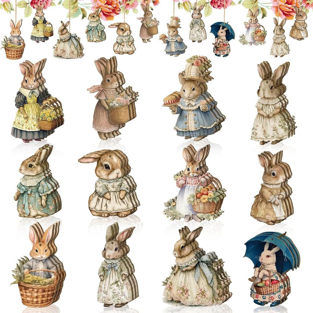 Easter Wooden Rabbit Flower Basket Ornament Spring Hanging Pendant Wooden Happy Rabbit Ornament Pendant