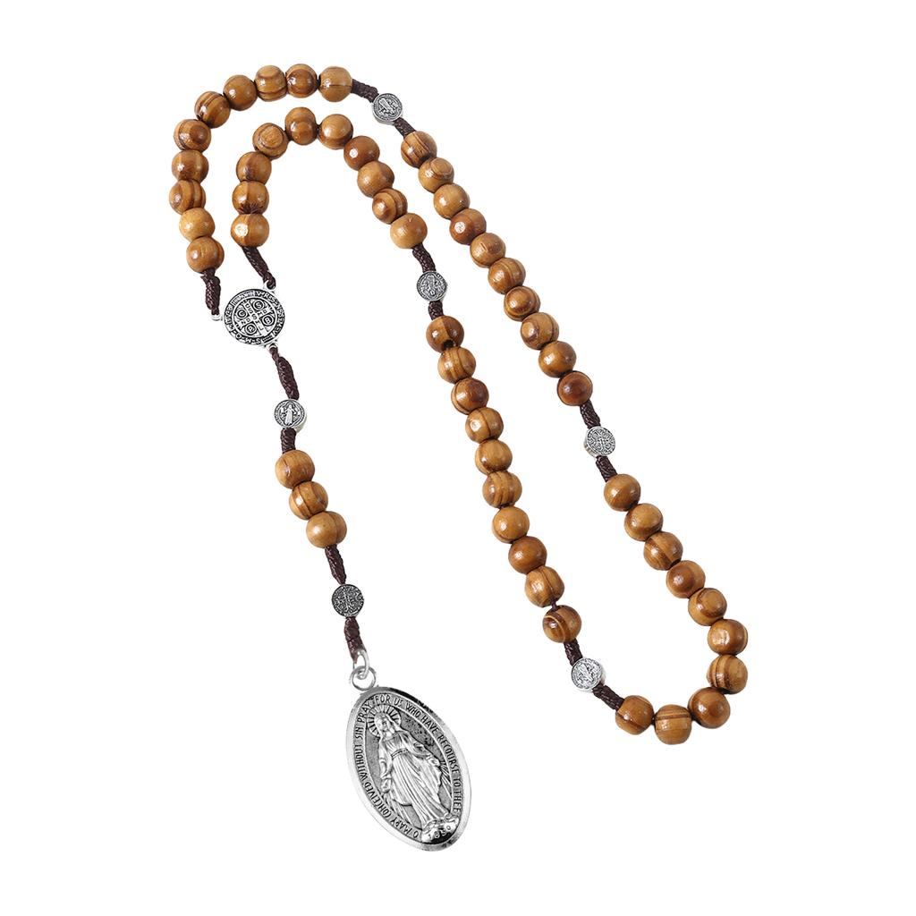 Braided Wood Beads Chain Rosary Necklace with Pardon Crucifix Crosses Medals Pendant Christians Religious Communion Gift