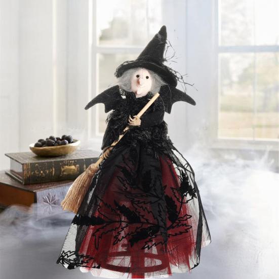 Halloween Witch Doll with Broom Small Witch Figurine with Gauze Skirt Spooky Table Centerpiece for Home Bedroom Desktop Decor