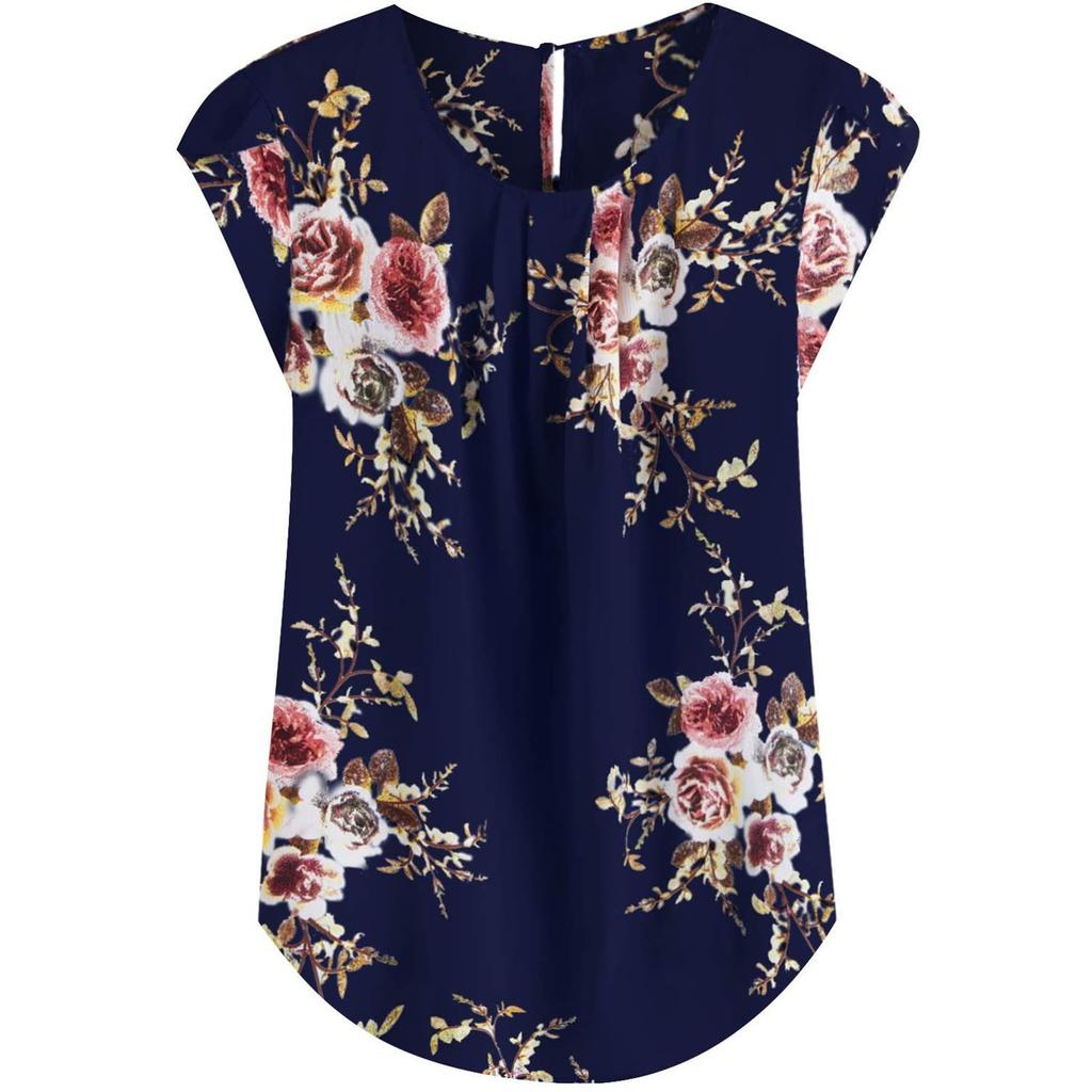 Women's Fashion Color Printing Short-sleeved Button Round Neck Casual Tops
