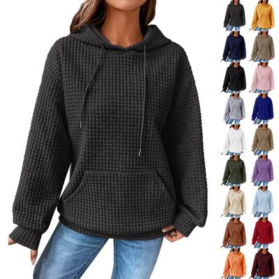 Damenmode Lockerer Kapuzenpullover Langarm Patchwork Karomuster Sweatshirt Kordelzug Schultergurt Tasche Top